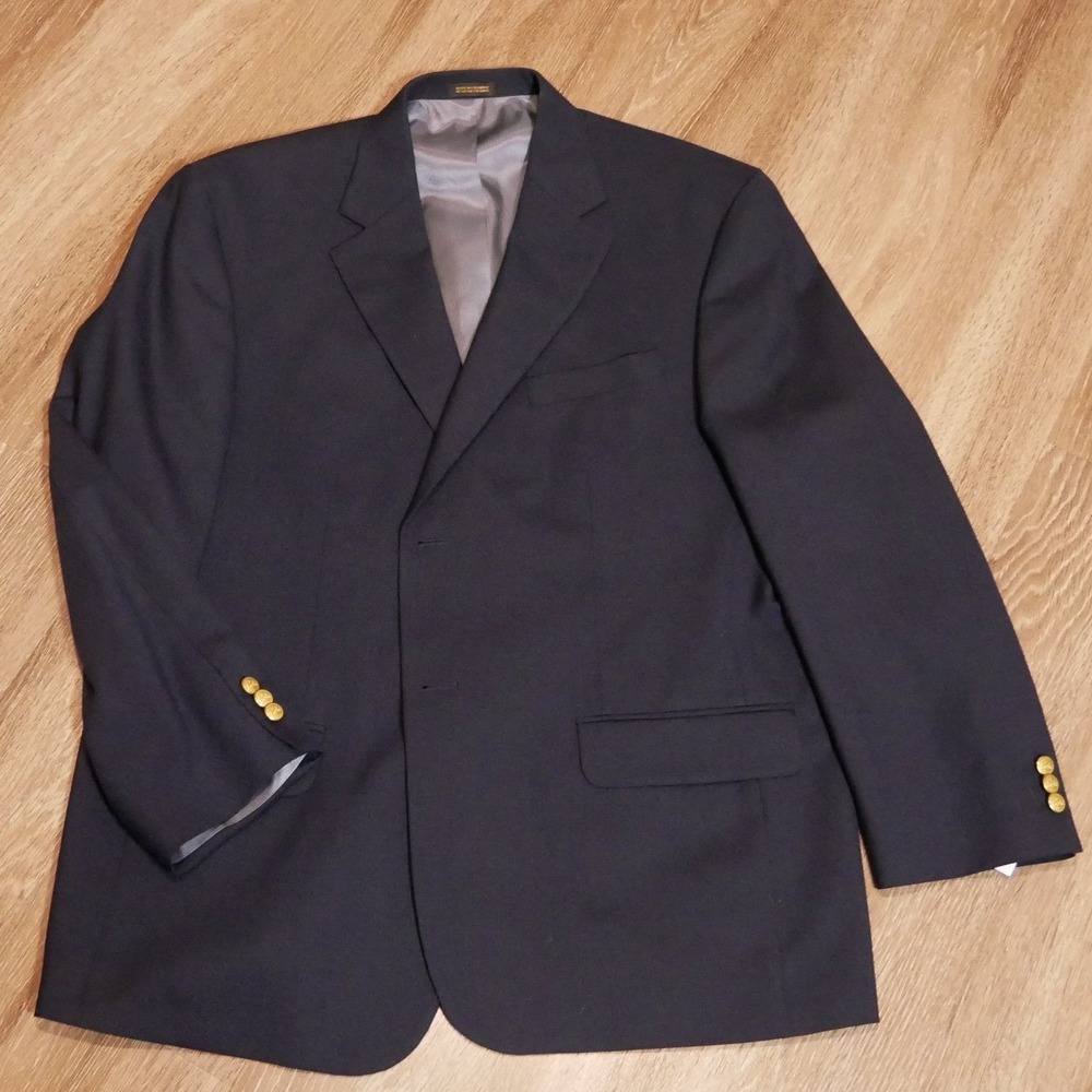 Stafford‎ Mens Navy Blue Blazer Sport Coat 44S Wool Blend Gold Tone Buttons 44 S